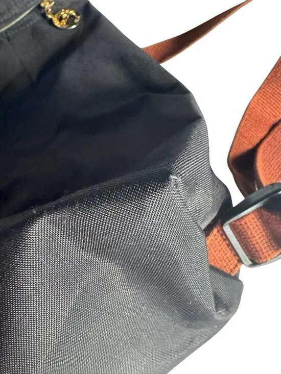 Longchamp Le Pliage Mini Backpack Black Canvas Brown Leather Flap - Picture 15 of 15